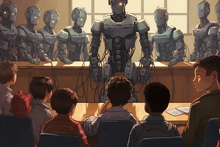 a group of children sits at a desk in front of a robot teacher. robots wait behind the robot teacher and are hooked to it with many wires