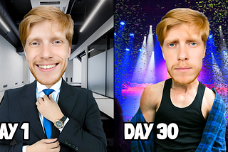 Mr. Beast lookalike thumbnail. Left image is man in a suit and tie with “DAY 1” in written beneath. Right image is man in tank top t-shirt and open button up with “Day 30” written beneath.