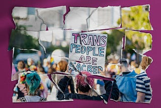 color photo of a demonstration. someone with pink hair holds up a handwritten sign with bubble letters: Trans people are sacred. The photo has been ripped up and pieced back together.