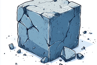 A cartoon illustration of a blue-grey cube crumbling away.