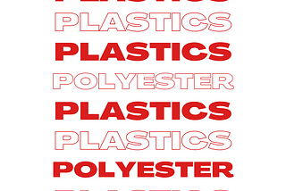 alternate red and white-with-red-outline words of “polyester” and “plastics”