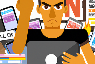 A person sitting at a cluttered desk, surrounded by an array of devices — a laptop, smartphone, and tablet — all displaying various snippets of news and information. He has an angry expression and raises one fist in a gesture of protest and anger.