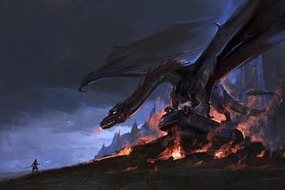 Image: A massive black dragon sitting atop a burning village, staring down the tiny speck of a human who has come to face them.