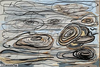 Abstract painting of swirling concentric forms resembling tree rings or ripples on water, drawn in earthy tones of gray, beige, rust, and black on a blue-gray background. Loose graphite-like lines overlay the image, adding a sense of movement or emotional turbulence. The composition feels layered, restless, and quietly introspective.