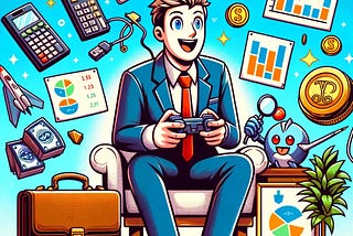 This is a colorful, comical illustration of a character sitting in a chair, in a suit, playing a video game. The character is holding a game controller in both hands, while surrounded by elements like a video game controller, a briefcase, and financial charts, representing the blend of gaming and real-world business lessons.