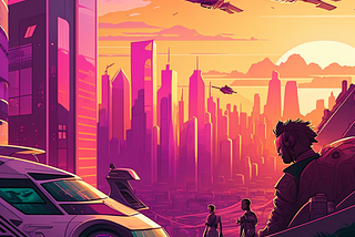 Create an image of a futuristic cityscape at sunset, with a combination of flying cars, towering skyscrapers, and lush green rooftop gardens. The sky should be a mix of warm colors, with a touch of purple and pink hues. In the foreground, include a group of people from diverse backgrounds, wearing high-tech clothing, admiring the view and taking selfies with their holographic devices.