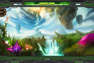 The Grassland Plot NFT features a scene from this  alien world with a waterfall, vibrant plant life, floating mountains and, in the distance, what seems to be a spiraling tower that reaches to the sky.