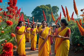 Bangladeshi women in yellow sarees joyfully celebrating Pahela Falgun under blooming Palash flowers, with bright skies and lush greenery all around