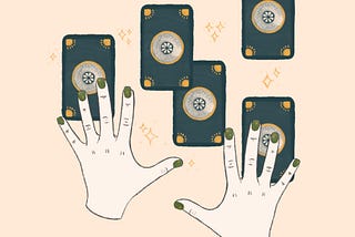 digital drawing of two white hands hovering over five navy tarot cards