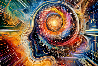 An abstract image featuring vibrant colors and interconnected patterns, representing bioelectrical impulses, sensory perception, and the complexity of human experiences. The composition balances chaos and order, reflecting the philosophical contemplation of life and the interplay between striving for more and appreciating the present moment.