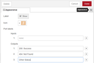 Edit function node. Appearance tab. Shows the 3 outputs correctly labeled.