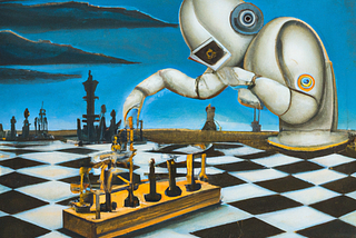 A Salvador Dali painting of a robot playing chess
