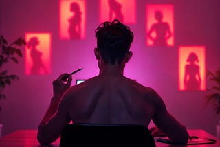 AI image showing a digital artist in his studio creating nude art images