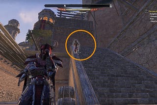 Screenshot of Elder Scrolls Online game. There is a Guard (NPC) walking on a stairwell wall rather than on the stairs. This is something human players do but not NPCs.