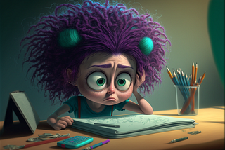 Cartoon style girl looking frazzled with purple hair.