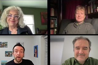 A video call with four participants, each in a separate frame. Three people smile. Debra, Erika and Antonio smile, while Neilspeaks, fostering human conversation. Backgrounds show bookshelves, artwork, sunlight through windows, and an #AXSChat logo in the top left corner.