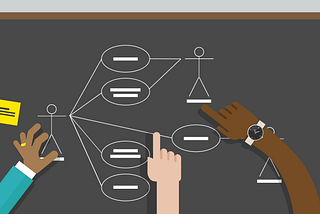 An illustration depicting a team working collaboratively to define a logic model on a black board.