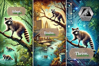 Engaging triptych featuring a raccoon symbolizing adaptability, evolution, and growth in the age of AI. Left panel shows raccoon thriving in a natural wetland environment, representing ‘Adapt.’ Center panel shows an urban setting, symbolizing ‘Evolve’, adjusting to changing environments. Right panel integrates futuristic digital and AI-inspired elements, showcasing ‘Thrive’ through innovation and technology. AJENE WATSON, LLC logo’s prominently displayed for business growth and adaptability.