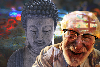 Budda overlooking shoulder of chuckling old man, abstract background