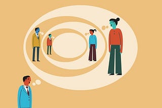 Abstract image of several people talking represented in elipse