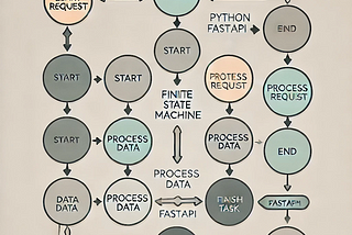 The image shows a minimalistic flowchart representing a Finite State Machine (FSM) with three key states: ‘Start’, ‘Processing’, and ‘End’. Each state is depicted as a circle in soft, muted tones, connected by simple arrows. The transitions between the states are labeled ‘begin_request’, ‘process_data’, and ‘finish_task’, emphasizing a clear and concise flow. The overall design is clean, professional, and focused on simplicity.