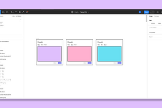 Figma canvas showing three cards with a purple, pink, and teal center and the background color is the same purple