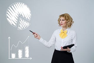 Woman, blonde hair, white shirt and black skirt, she holds a pen and iPad and gestures towards analytics behind her