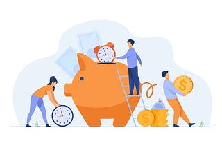 Vector image showing characters putting large clocks and coins into a piggy bank. To represent the relationship between time and money.