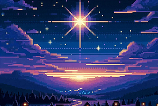A starry night sky with one especially bright star, like the North Star, above a landscape with trees and occasional houses.