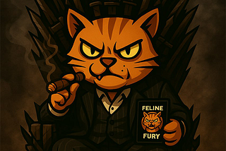 Image of Tony Whiskers, looking very stoic, while he sits on the Iron Throne holding his Feline Fury TCG cards.