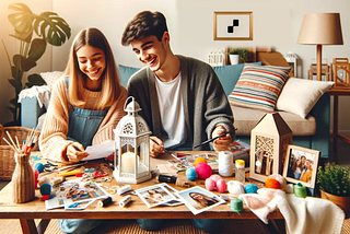 Two Roommates sitting on a sofa and making craft items for home decor