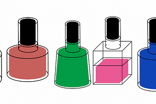 Image shows an illustration of a variety of nail polish bottles in many shapes and colors.