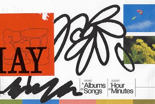 A header graphic divided in to horizontal sections. The top section features two photos in the top right corner. One is of a blue sky with a colorful dog kite, and the other is a close-up shot of yellow wildflowers. There is a large, simple, brushstroke graphic of a wilting flower taking over the full image. There is a red printed piece of paper with the word “MAY” in all caps that is overlapping the image like a sticker.