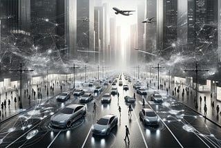 A city landscape of pedestrians, cars and plane. Everything is connected with an invisible web of communication.