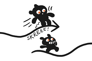 Illustration of two black bear-like figures riding lines on top of each other