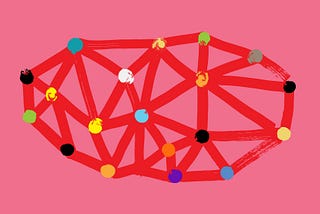 Graphic is a dark pink background with abstract color dots connected by red lines.