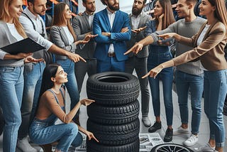 A group of people talking about tires.