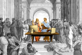 Parody of the famous painting of Greek philosophers in ancient Athens giving an oratory speech with Macs in front of them.