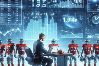 A product manager working in the foreground with football players and a giant screen with data and charts in the background