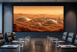 A sleek empty boardroom faces a large screen showing a glowing Mars colony with glass domes, its warm orange landscape reflected across the polished conference table.