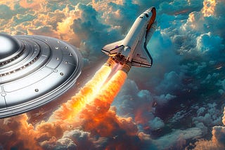 A flying saucer watches a US Space Shuttle take off towards outer space.