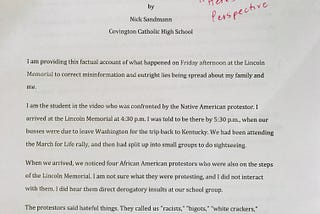 Some Teacher Feedback for Nick Sandmann — and Really, Every High School Student