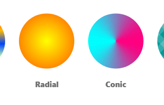 four circles filled with diffrent types of gradients