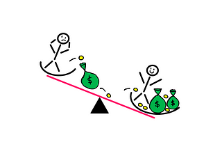 Variance: The Reason Why Rich Get Richer And Poor Get Poorer — An illustration showing a see-saw, where a stick figure is anxious on the higher end and another stick figure is happy on the lower end. Money from the anxious stick figure rolls down the see-saw into the seat of the happy stick figure. This metaphorically depcits how the rich get richer and poor get poorer.