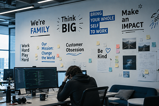 A modern open-plan tech office with a large wall covered in startup-style culture slogans such as “We’re Family,” “Bring Your Whole Self to Work,” and “Work Hard Play Hard.” In front of the wall, a lone developer sits at a desk with multiple monitors, creating a contrast between corporate culture messaging and the isolated reality of daily technical work.