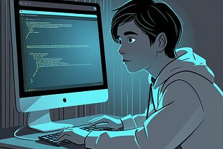 In a dark room, illuminated by a computer screen, a young developer in a white hoodie pours over his code. Image is cartoon style.