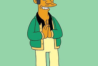 The character Apu from The Simpsons is depicted doing a stereotypical palms-together “namaste” gesture