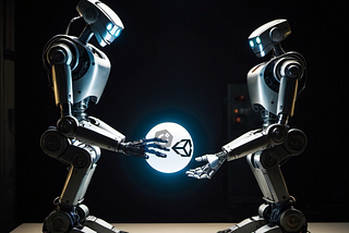 two robots stand in a dark room. one robot hands another a glowing sphere containing the unity 3d logo and the c# programming language logo