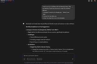 Prompt and beginning of response from Gemini to identify and build AI solutions for a repetitive workflow