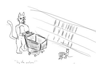 Bad sketch of a cat and a mouse at a grocery store.